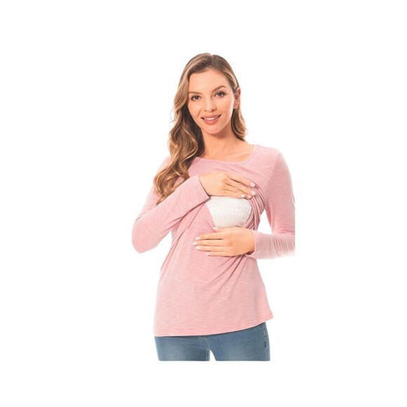 Bearsland Maternity XL Nursing Top Long Sleeve Oatmeal Layered Stretch F11.1 - Picture 10 of 13